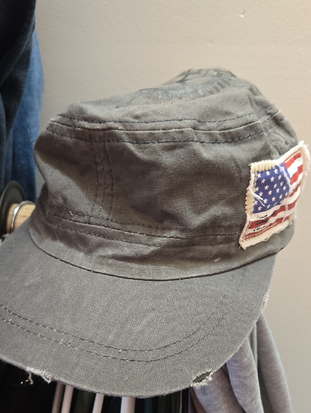 Gray Military-Style Cap with American Flag Patch
